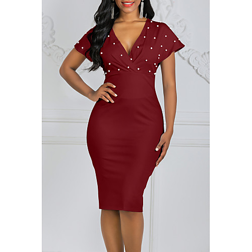 

Women's Wine Blushing Pink Dress Stylish Party Bodycon Solid Colored Deep V Polka Dots S M