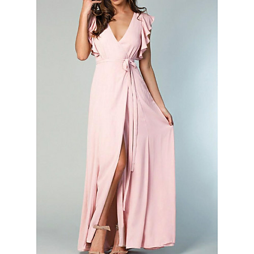 

A-Line Plunging Neck Floor Length Chiffon Bridesmaid Dress with Bow(s) / Split Front / Ruffles / Open Back