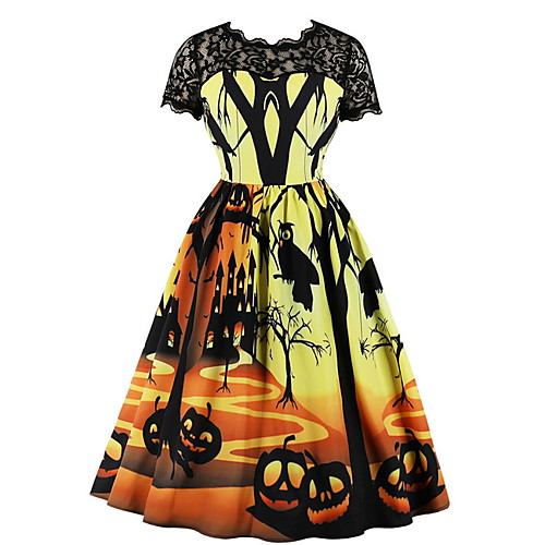 

Women's Orange Dress Halloween A Line Geometric Print S M