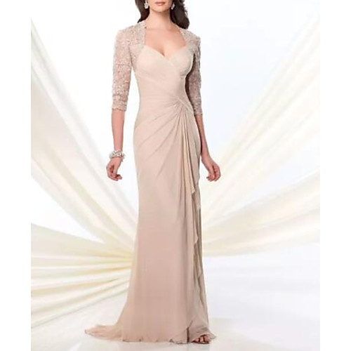 

Sheath / Column Sweetheart Neckline Sweep / Brush Train Chiffon / Lace Half Sleeve Elegant & Luxurious Mother of the Bride Dress with Pleats Mother's Day 2020