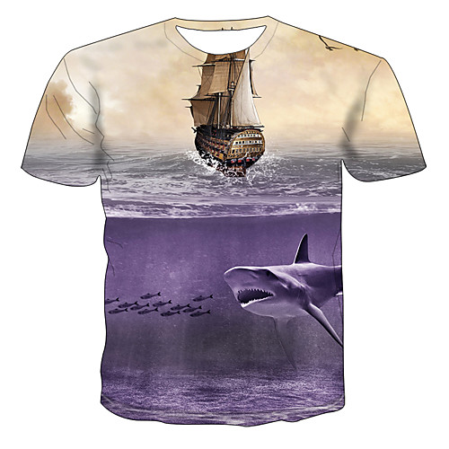 

Men's Daily Going out Basic / Exaggerated T-shirt - Color Block / 3D / Animal Mermaid Tail, Print Purple