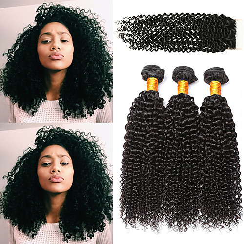 

3 комплекта с закрытием Бразильские волосы Кудрявый Kinky Curly Не подвергавшиеся окрашиванию 100% Remy Hair Weave Bundles Человека ткет Волосы Пучок волос Накладки из натуральных волос 8-24 дюймовый