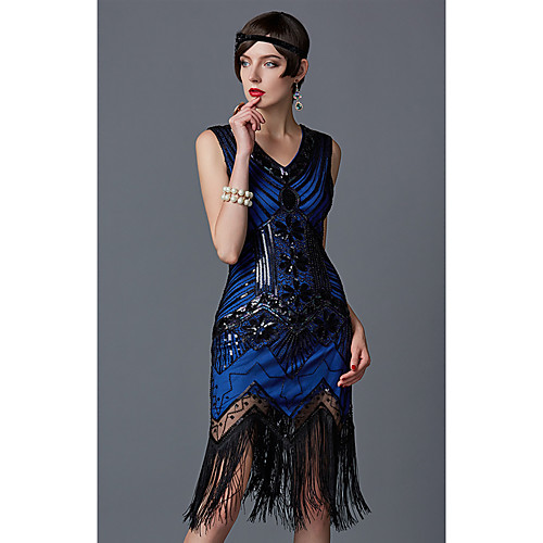 

The Great Gatsby Charleston 1920s Roaring Twenties Summer Flapper Dress Women's Lace Sequins Chiffon Organza Costume Black / Emerald Green / Golden Vintage Cosplay Party Homecoming Prom Sleeveless
