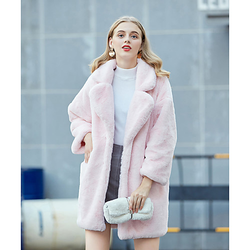 

Women's Party Street chic / Sophisticated Fall & Winter Long Faux Fur Coat, Solid Colored Turndown / Straight Collar Long Sleeve Faux Fur Black / White / Blushing Pink