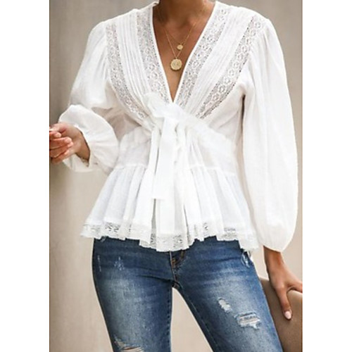 

Women's Party Holiday Street chic Blouse - Solid Colored Lace up White