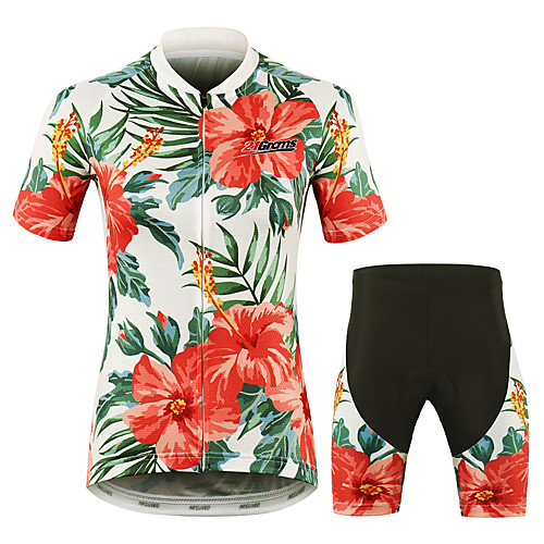 

21Grams Floral Botanical Hawaii Women's Short Sleeve Cycling Jersey with Shorts - Red Bike Clothing Suit Breathable Moisture Wicking Quick Dry Sports 100% Polyester Mountain Bike MTB Road Bike Cycling