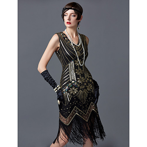 фото The great gatsby чарльстон винтаж 1920s платье для флаперов коктейльные платья с пышной юбкой жен. пайетки с кисточками пайетки костюм черный / золотой / золотой черный винтаж косплей Lightinthebox