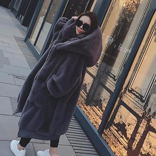 

Women's Holiday / Work Street chic / Sophisticated Winter / Fall & Winter Long Faux Fur Coat, Solid Colored Hooded Long Sleeve Faux Fur Black / Gray