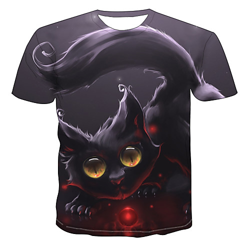 

Men's Daily Going out Basic / Exaggerated T-shirt - Color Block / 3D / Animal Cat, Print Dark Gray