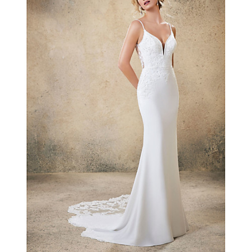 

Mermaid / Trumpet V Neck Court Train Satin Spaghetti Strap Boho Backless Wedding Dresses with Beading / Lace Insert / Appliques 2020