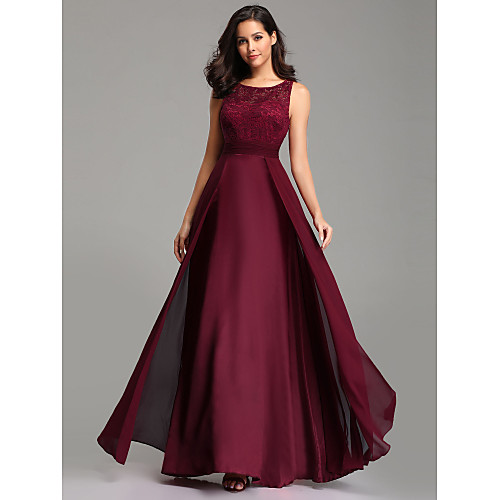 

A-Line Jewel Neck Floor Length Chiffon / Lace Empire / Red Prom / Wedding Guest Dress with Lace Insert / Overskirt 2020