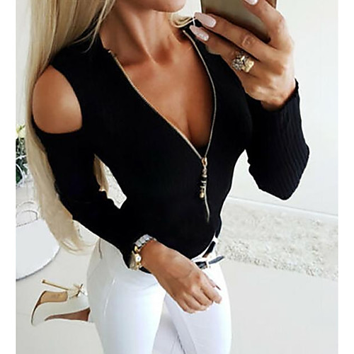 

Women's Daily Blouse - Solid Colored V Neck Black