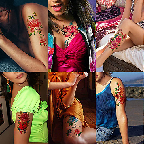 

6 листов большие временные татуировки цветок бумаги стикер татуировки сексуальное тело для женщин&усилитель; Поддельные татуировки (лилия, персик, слива, пион)
