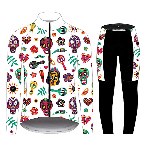 

21Grams Sugar Skull Men's Long Sleeve Cycling Jersey with Tights - Black / White Bike Clothing Suit Windproof UV Resistant Breathable Sports Winter Fleece 100% Polyester Mountain Bike MTB Clothing