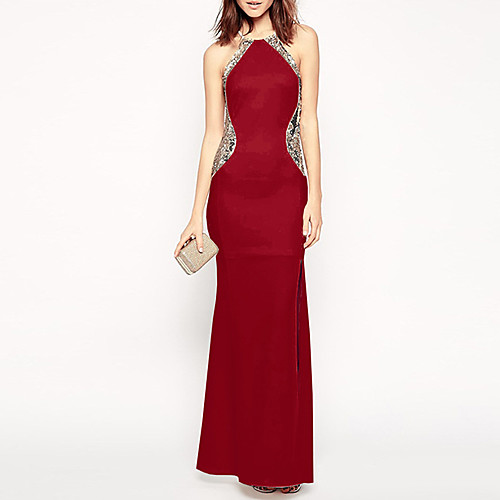 

Women's Maxi Wine Red Dress Cocktail Party Prom Sheath Solid Colored Halter Neck S M Loose