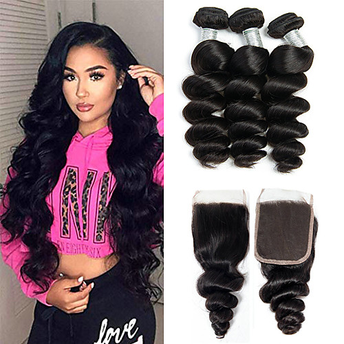 

3 Bundles with Closure Brazilian Hair Loose Wave Remy Human Hair 100% Remy Hair Weave Bundles Natural Color Hair Weaves / Hair Bulk Extension Hair Weft with Closure 8-20 inch Natural Color Human Hair