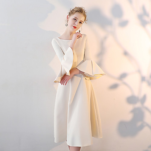 

A-Line Jewel Neck Tea Length Spandex Sparkle & Shine / Elegant Cocktail Party Dress with Ruffles 2020