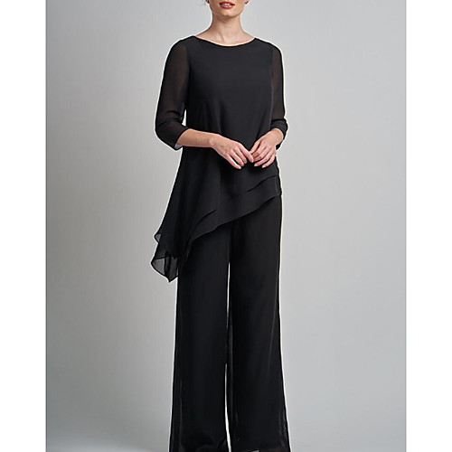 

Pantsuit / Jumpsuit Jewel Neck Floor Length Chiffon 3/4 Length Sleeve Elegant / Plus Size Mother of the Bride Dress with Lace Mother's Day 2020