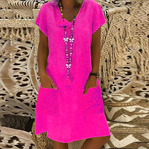 

Women's Shift Dress - Short Sleeve Solid Colored V Neck Basic Loose Wine Black Purple Yellow Blushing Pink Fuchsia Royal Blue Light Blue S M L XL XXL XXXL XXXXL XXXXXL