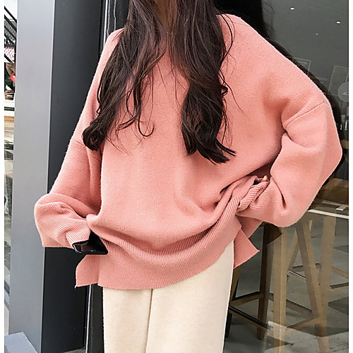 

Women's Solid Colored Long Sleeve Loose Pullover Sweater Jumper, Round Neck Blushing Pink / Beige / Gray One-Size