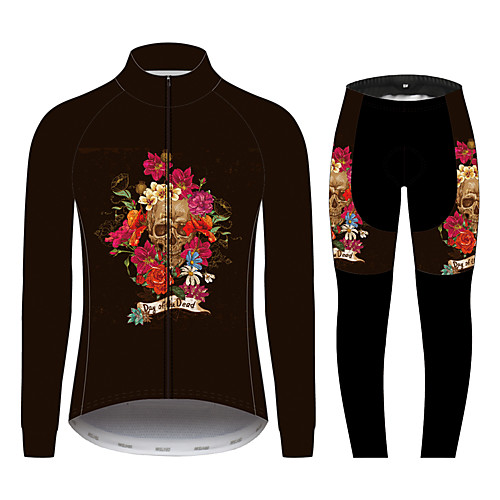 

21Grams Sugar Skull Women's Long Sleeve Cycling Jersey with Tights - Black / Red Bike Clothing Suit Windproof UV Resistant Breathable Sports Winter Fleece 100% Polyester Mountain Bike MTB Clothing