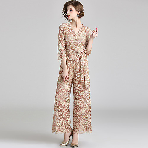

Jumpsuits V Neck Ankle Length Lace Floral / Elegant Holiday / Beach Dress with Bow(s) / Lace Insert 2020 / Illusion Sleeve