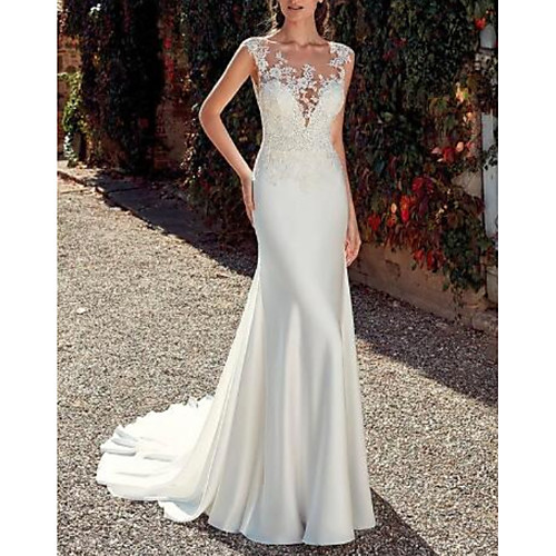 

Sheath / Column Jewel Neck Sweep / Brush Train Lace / Satin Cap Sleeve Mordern Sparkle & Shine Made-To-Measure Wedding Dresses with Appliques 2020