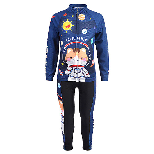 

Nuckily Cat Cartoon Astronaut Boys' Girls' Long Sleeve Cycling Jersey with Tights - Kid's Dark Blue Bike Clothing Suit Windproof UV Resistant Breathable Sports Winter Fleece Spandex Chinlon Mountain
