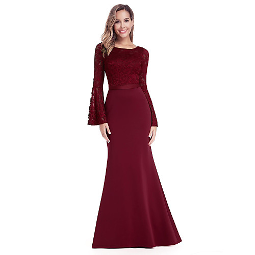

Mermaid / Trumpet Jewel Neck Floor Length Chiffon / Lace Minimalist / Red Formal Evening / Wedding Guest Dress with Appliques 2020
