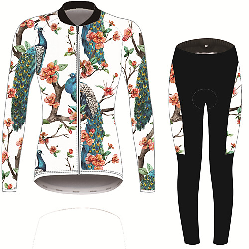 

21Grams Floral Botanical Peacock Women's Long Sleeve Cycling Jersey with Tights - Black / White Bike Clothing Suit UV Resistant Breathable Moisture Wicking Sports Winter Fleece Spandex Mountain Bike