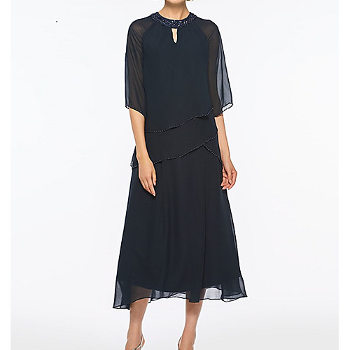 

A-Line Jewel Neck Tea Length Chiffon Half Sleeve Plus Size Mother of the Bride Dress with Beading Mother's Day 2020
