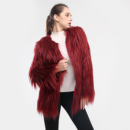 

Women's Going out Basic Fall & Winter Regular Faux Fur Coat, Solid Colored Collarless Long Sleeve Faux Fur Black / Wine / White