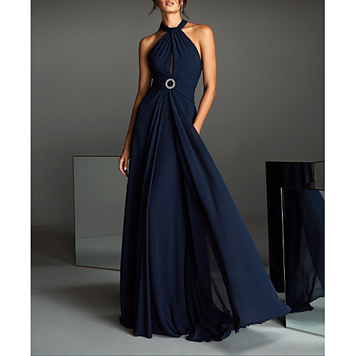 

A-Line Halter Neck Sweep / Brush Train Chiffon Open Back Formal Evening Dress with Sash / Ribbon 2020