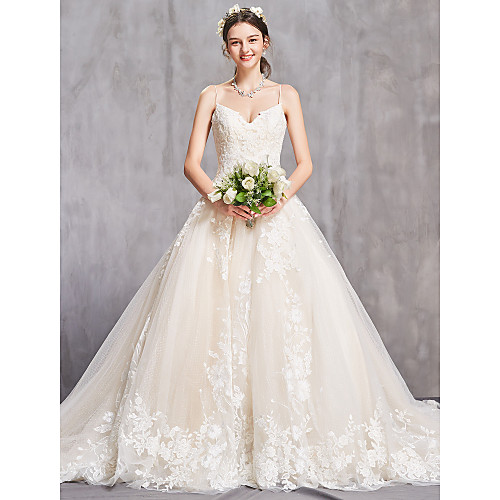 

A-Line Sweetheart Neckline Cathedral Train Lace / Tulle Spaghetti Strap Sexy Wedding Dresses with Beading / Appliques 2020