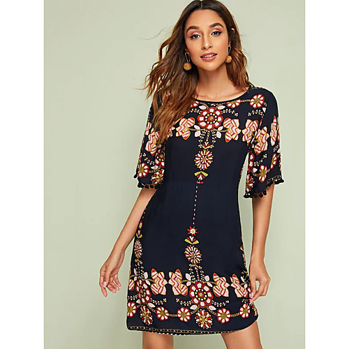 

Women's Shift Dress - Floral Black S M L XL