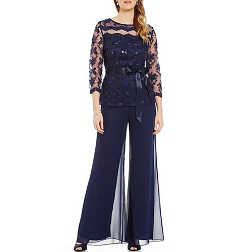 

Two Piece / Pantsuit / Jumpsuit Jewel Neck Floor Length Chiffon / Lace 3/4 Length Sleeve Plus Size Mother of the Bride Dress with Sash / Ribbon / Bow(s) / Beading Mother's Day 2020