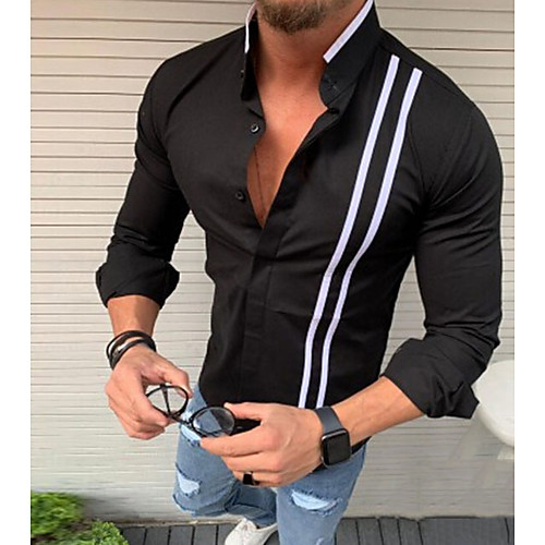 

Men's Daily Wear EU / US Size Shirt - Striped Standing Collar Black / Short Sleeve