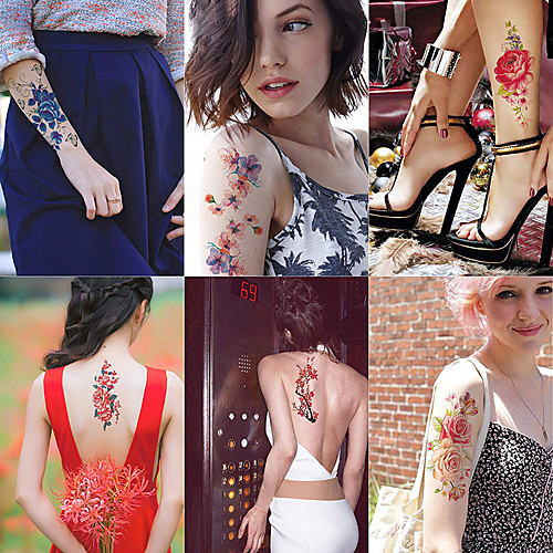 

6 Sheets Large Temporary Tattoos Flower Paper Sexy Body Tattoo Sticker for Women & Girl Fake Tattoo (Lily Peach Plum Peony)