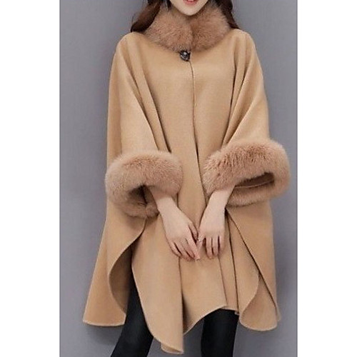 

Women's Party / Going out Street chic Fall & Winter Long Coat, Solid Colored Round Neck Long Sleeve Wool / Modal / Polyester Fur Trim Black / Camel / Gray / Sexy / Loose