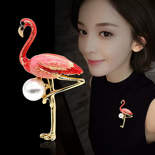 

Women's Brooches Tropical Flamingo Luxury Elegant Colorful Pearl Gold Plated Brooch Jewelry Red and Pink White / Pink For Wedding Engagement Gift Work Promise