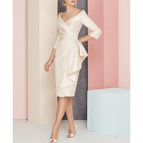 

Sheath / Column V Neck Knee Length Satin 3/4 Length Sleeve Vintage / Plus Size / Elegant Mother of the Bride Dress with Sash / Ribbon / Ruching 2020