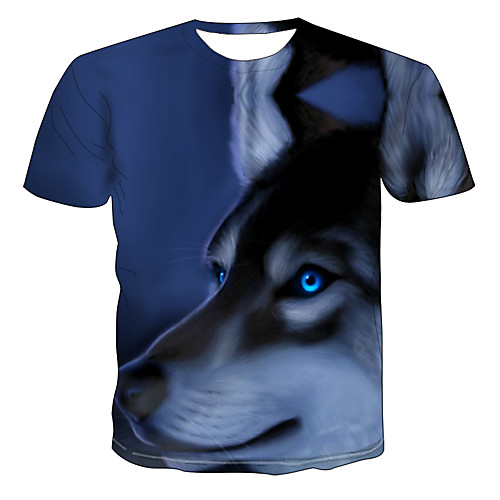 

Men's Daily Going out Basic / Exaggerated T-shirt - Color Block / 3D / Animal Wolf, Print Light Blue