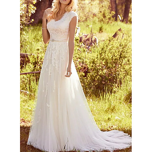 

A-Line V Neck Sweep / Brush Train Lace / Tulle Regular Straps Vintage Illusion Detail Made-To-Measure Wedding Dresses with Buttons / Sashes / Ribbons 2020