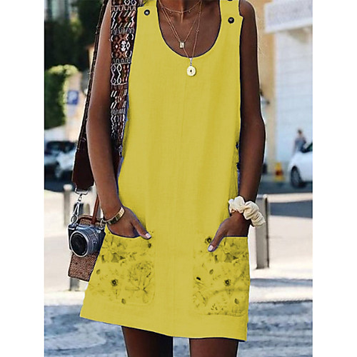 

Women's Yellow White Dress Basic A Line Floral U Neck Print S M Loose / Cotton