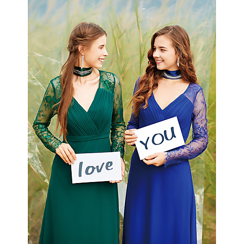 

A-Line V Neck Floor Length Chiffon / Lace Elegant Formal Evening Dress with Sash / Ribbon / Ruched / Lace Insert 2020