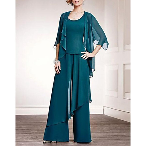 

Pantsuit / Jumpsuit Scoop Neck Floor Length Chiffon Sleeveless Elegant / Plus Size Mother of the Bride Dress with Beading Mother's Day 2020