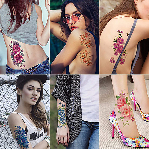 

6 листов большие временные татуировки цветок бумаги стикер татуировки сексуальное тело для женщин&усилитель; Поддельные татуировки (лилия, персик, слива, пион)