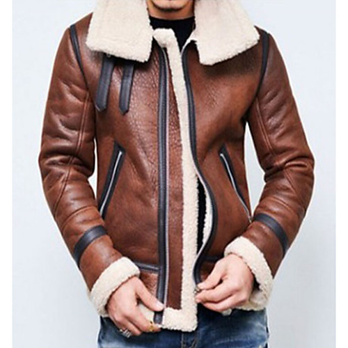 

Men's Daily Basic Plus Size Regular Leather Jacket, Solid Colored Turndown Long Sleeve PU Brown / Black