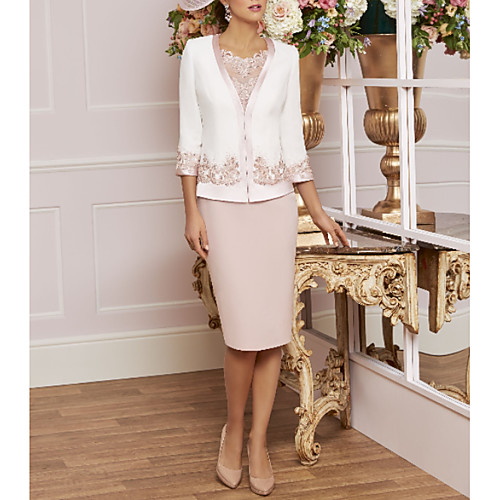 

Sheath / Column Jewel Neck Knee Length Lace / Jersey 3/4 Length Sleeve Wrap Included Mother of the Bride Dress with Beading / Appliques 2020