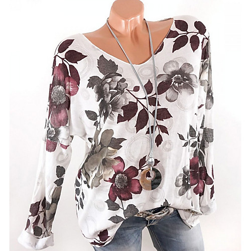 

Women's Daily T-shirt - Floral V Neck White